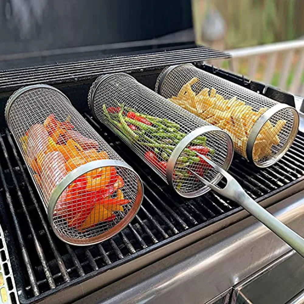 Rolling BBQ Grill Basket with Round Campfire Grate 4
