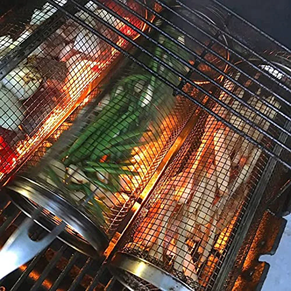 Rolling BBQ Grill Basket with Round Campfire Grate 5