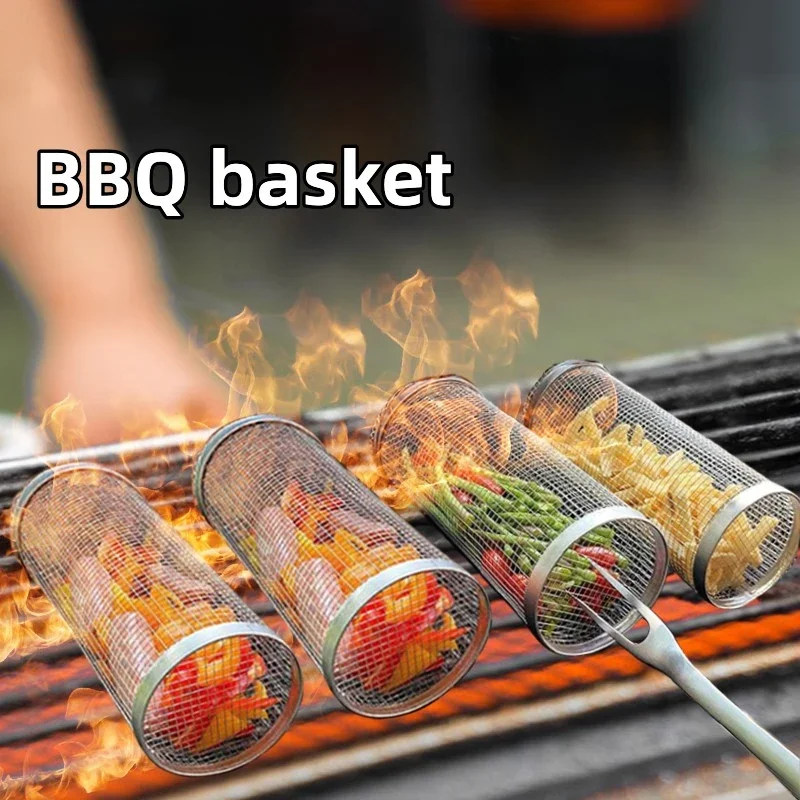 Rolling BBQ Grill Basket with Round Campfire Grate 3