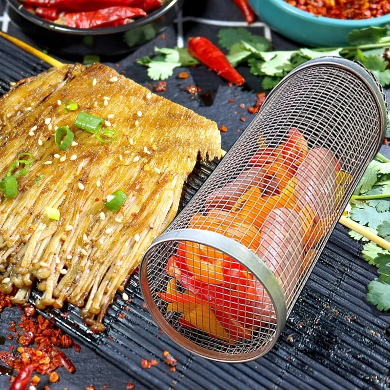 Rolling BBQ Grill Basket with Round Campfire Grate 19