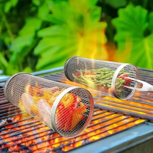 Rolling BBQ Grill Basket with Round Campfire Grate 2