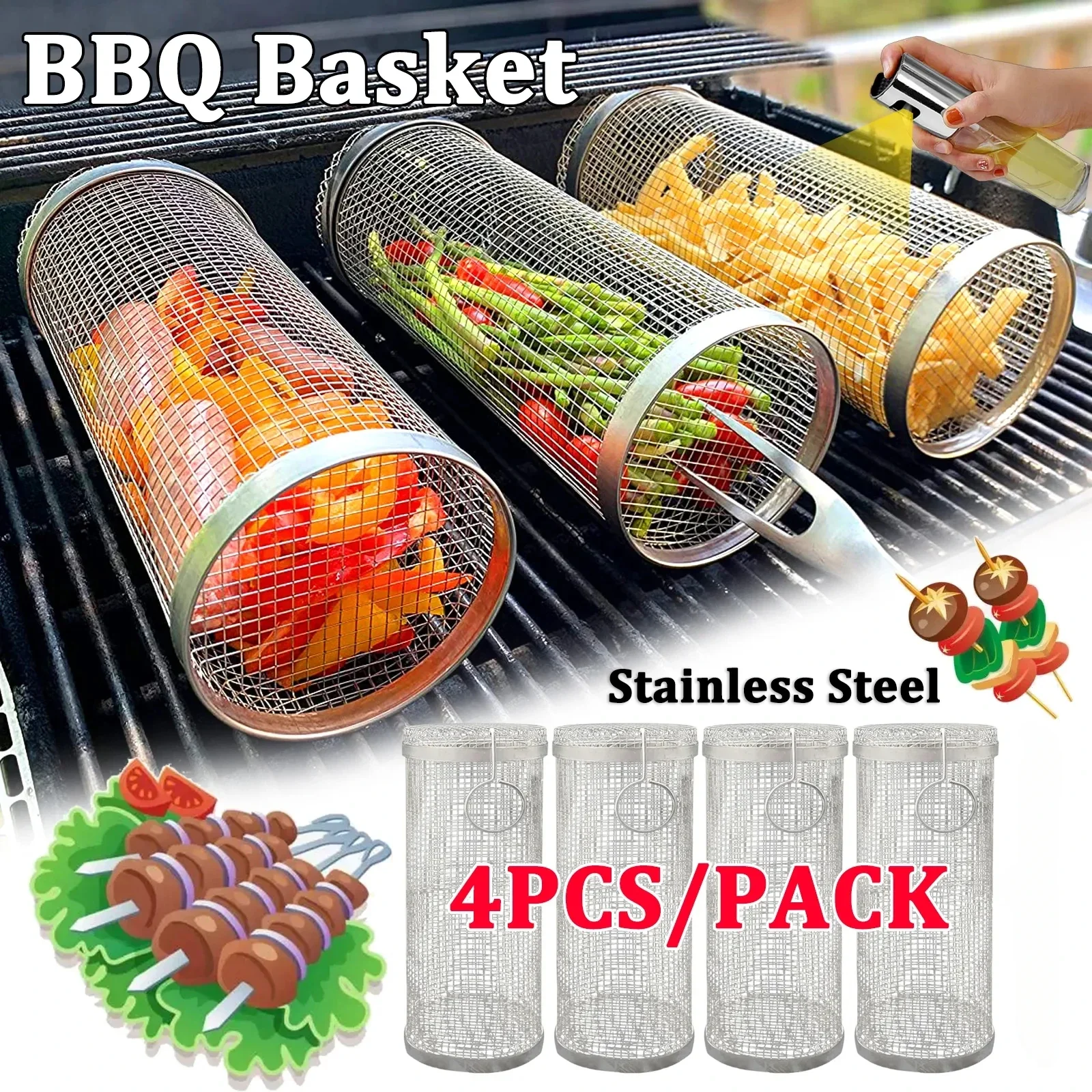 Rolling BBQ Grill Basket with Round Campfire Grate 1